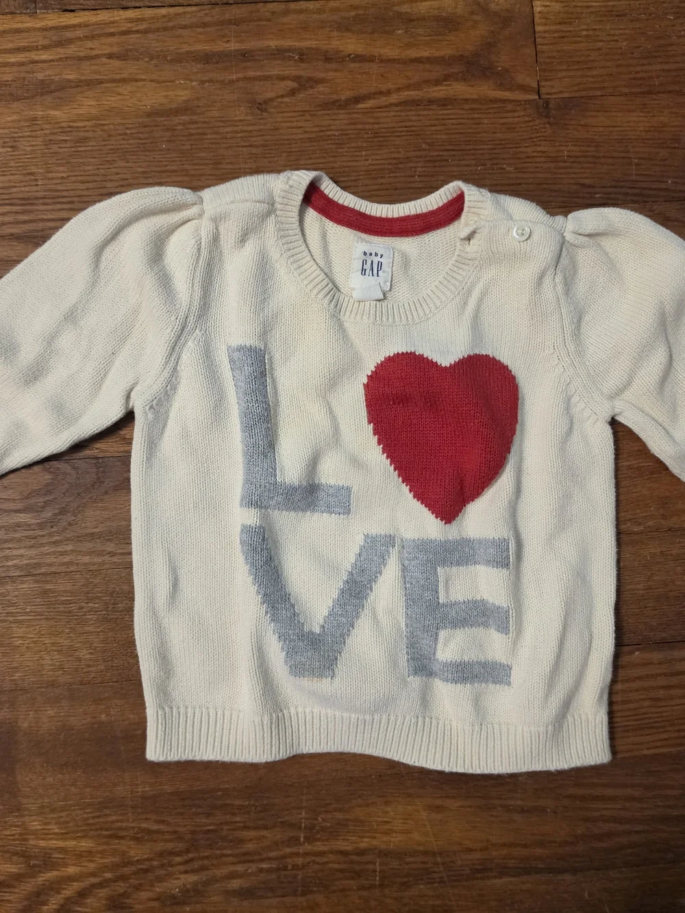 GAP Cream Knit Sweater with Red Heart and Gray LOVE